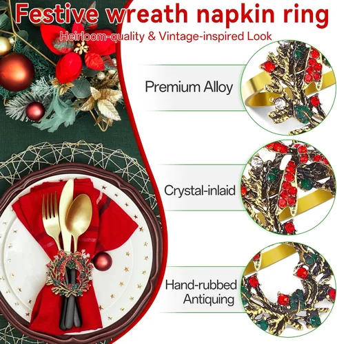 Miniatura 3 de ZeeDix Juego de 6 servilleteros de corona de Navidad, servilleteros de Navidad para servilletas de tela, servilleteros de Navidad para Acción