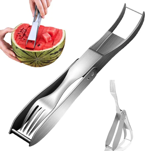 Miniatura 6 de Cortador de acero inoxidable con horquilla de sandía, herramienta de corte de cubo de melón fascinado para niños, cuchillo utilitario para tallar