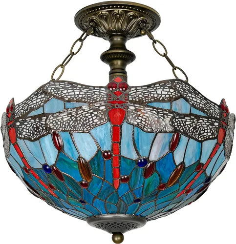 Miniatura 10 de Lámpara de techo Tiffany con vidrieras verdes de glicinia, montaje semi empotrado, lámpara amplia de 16 pulgadas de ancho y 15 pulgadas de altura