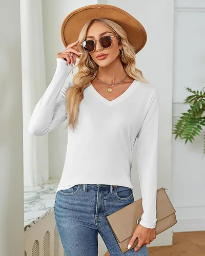 Miniatura 3 de Ficerd Paquete de 2 camisetas con cuello en V para mujer, manga corta o larga, camisetas básicas de verano casuales con dobladillo sólido