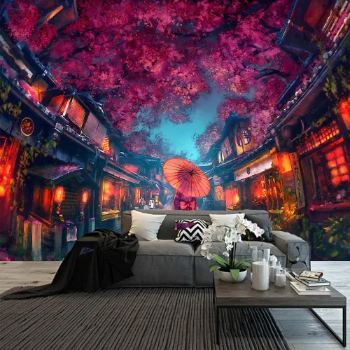 Miniatura 10 de Aidatain Tapiz de anime japonés antiguo japonés de paisaje de calle nocturna, tapiz de farol de flor de cerezo, tapiz grande de 80 x 60 pulgadas