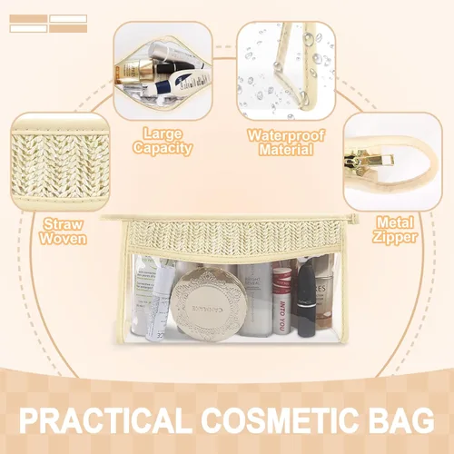 Miniatura 3 de Pequeñas bolsas de maquillaje transparentes de paja bohemia para mujeres y niñas, bolsa de cosméticos con cremallera de chenilla, bolsa de parche