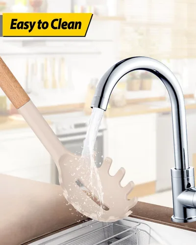 Miniatura 5 de Juego de tenedor y cucharón de silicona para pasta con mango de madera, utensilios de cocina antiadherentes resistentes al calor para cocinar, Caqui