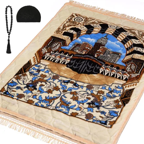 Miniatura 15 de Alfombra de oración musulmana con cuentas de oración Tasbih y sombrero de kufi, acolchada muy gruesa, alfombra de oración para hombres y mujeres
