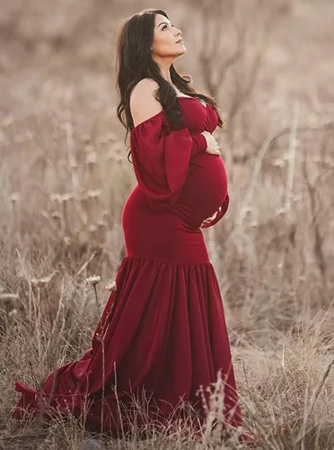 Miniatura 6 de ZIUMUDY Vestido de sirena ajustado de maternidad para sesión de fotos, manga larga, falda de gasa escalonada, vestido de accesorios para fotos