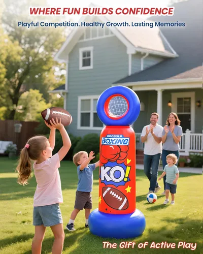 Miniatura 6 de ODOSOLA Saco de boxeo inflable para niños, bolsa de boxeo independiente 2 en 1 con juego de lanzamiento de fútbol, juguete de karate taekwondo