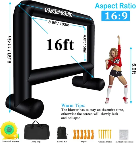 Miniatura 4 de Pantalla de cine inflable de 16 pies para exteriores, pantalla de proyector inflable compatible con proyección frontal y trasera para patio trasero