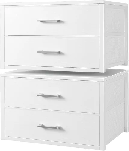 BOLUO Cajones de almacenamiento apilables, organizadores de armario y tela de almacenamiento, color blanco, 2 cajones para dormitorio, 2 paquetes