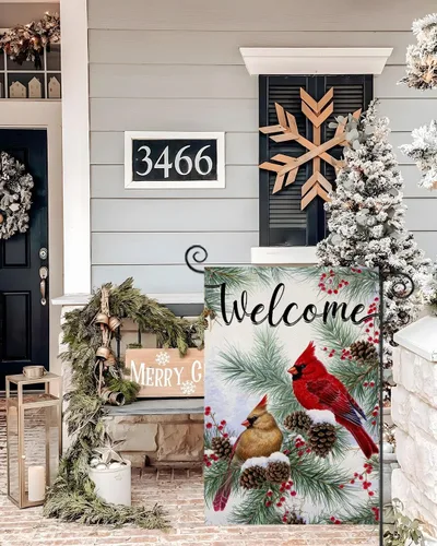 Miniatura 4 de Banderas de jardín de invierno de bienvenida para decoración exterior, bandera de patio pequeño con ramitas de pino cardenal, decoración de Navidad