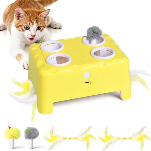 Miniatura 9 de Caja de queso interactivo para gatos de interior, juguete de plumas 3 en 1, juguete de plumas de topo, 3 modos de juguetes recargables para gatos