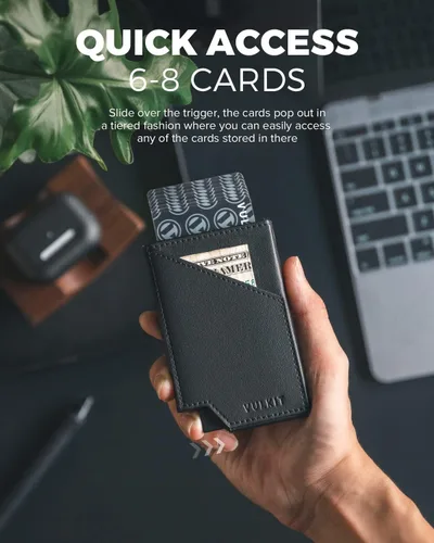 Miniatura 4 de VULKIT Cartera de tarjetas desplegable con bloqueo RFID, funda delgada de aluminio para tarjetas bancarias con bolsillo para dinero de negocios