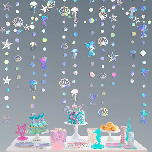 Miniatura 7 de Decoraciones de fiesta de sirena de 52 pies, guirnalda púrpura, verde azulado y coral con medusas, conchas marinas, estrellas de mar, perlas