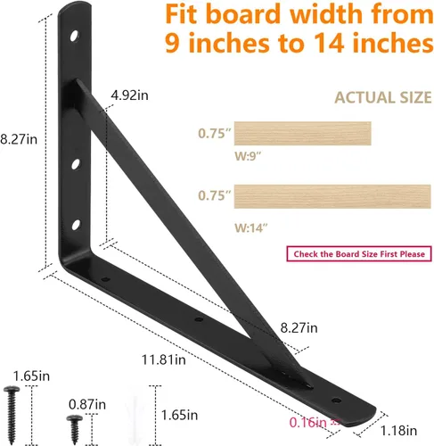 Miniatura 5 de Soportes de estante de servicio pesado de 12 x 8 pulgadas, paquete de 6 soportes de estantes de metal negro, capacidad de carga: 600 lb, soporte
