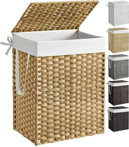 SONGMICS Canasta de lavandería con tapa, cesto de ropa de 23.8 galones (90 L) de ratán sintético con tapa y asas, plegable, forro extraíble,