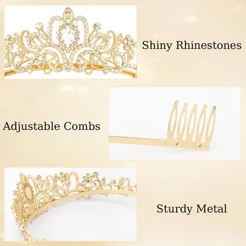 Miniatura 2 de Didder - Diadema con corona de tiara de cristal dorado. Elegante corona con peines para princesa, para mujeres y niñas, ideal para novias, bodas, 02