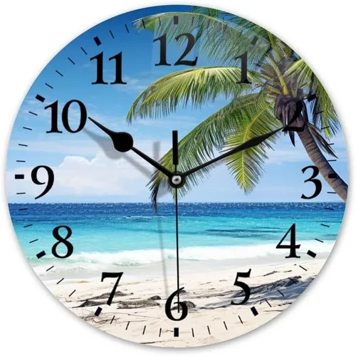 Reloj de pared silencioso sin tictac con movimiento de cuarzo, reloj analógico a pilas decorativo para el hogar, hermosa playa tropical con arena