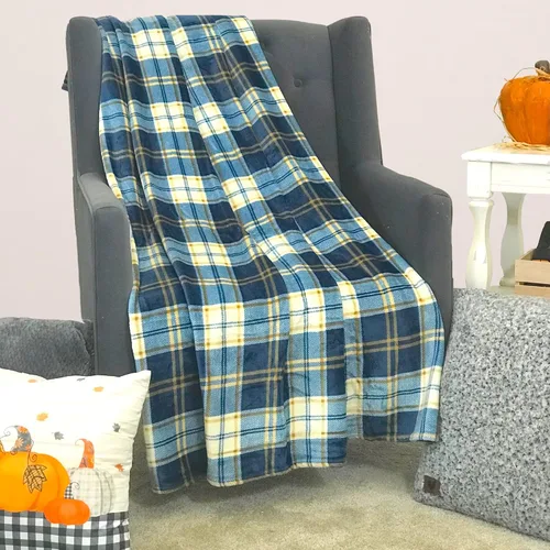 Miniatura 5 de Manta de Forro Polar a Cuadros Verde Azulado de Granja: Diseño Tartán Suave Azul Crema Marrón Decorativo para Sofá Sillón Silla Cama Dormitorio