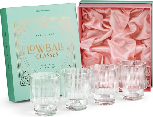 GLASSIQUE CADEAU Vasos de cóctel vintage Art Deco acanalados, juego de 4, vasos dobles de cristal de 12 onzas para beber whisky clásico, ginebra,