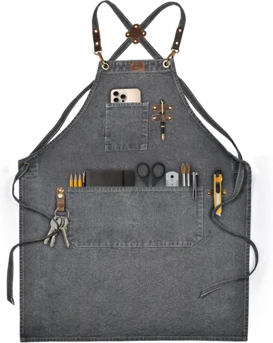 LEATHER VILLAGE Delantales de chef para hombres y mujeres con bolsillos grandes, delantal de trabajo ajustable de lona de algodón con espalda Gris