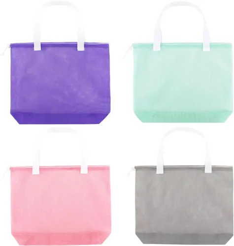 Paquete de 4 bolsas reutilizables de malla colorida para la playa, bolsa de compras de malla con cordón para viajes, juguetes, regalo o lavandería