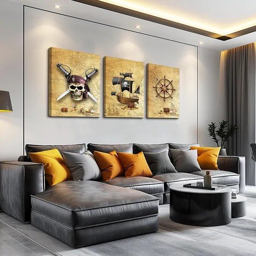 Miniatura 2 de Barco pirata y timones - Lienzo decorativo para pared de sala de estar, dormitorio, decoración de pared, decoración de pared de baño, decoración