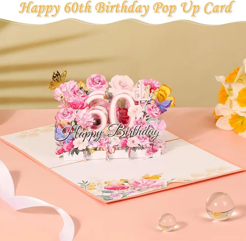 Miniatura 4 de Tarjeta desplegable de 60 cumpleaños para ella, tarjeta de felicitación desplegable de feliz 60 cumpleaños para mujeres, hermosa tarjeta