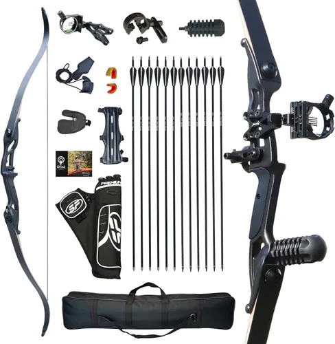 D&Q Juego de arco y flecha recurvo de caza para adultos, kit de cazador negro, arco largo, tiro con arco, caza, práctica de desmontaje, arco largo,