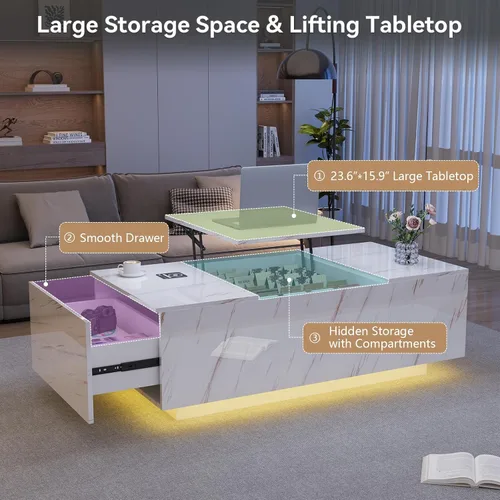 Miniatura 9 de Mesa de Centro LED Moderna de 47" con 2 Cajones, Mesa Central de Doble Capa de Alto Brillo con Carga Inalámbrica y Altavoz Bluetooth Integrado, Mesa