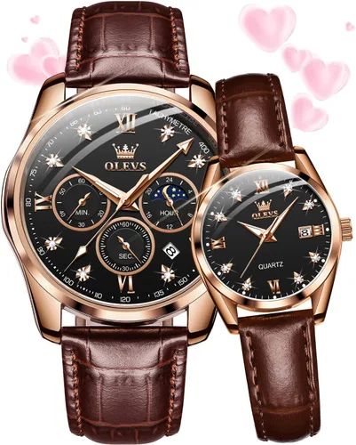 Miniatura 16 de OLEVS Juego de 2 relojes de cuarzo para parejas de San Valentín, para él y ella, cronógrafo de cuero, con diamantes para hombres, mujeres, amantes