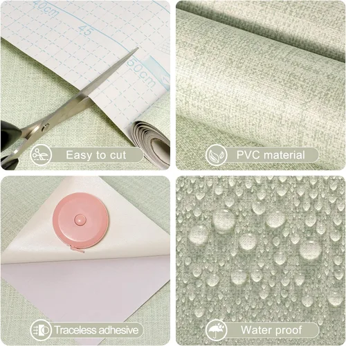 Miniatura 2 de Amiya Papel tapiz de tela de hierba 17.3"x80" Verde salvia despegar y pegar Papel de contacto de tela sintética de lino verde autoadhesivo removible