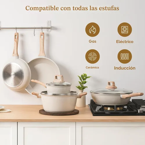 Miniatura 7 de SODAY - Juego de 12 ollas y sartenes, juegos de utensilios de cocina antiadherentes, de granito blanco, de inducción, saludable, no tóxico