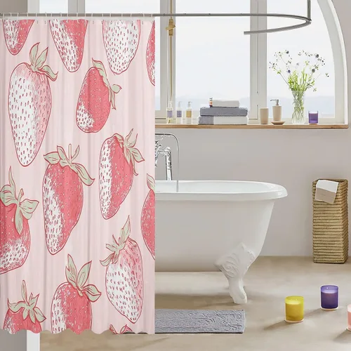 Miniatura 2 de Erosebridal Cortina de baño de fresa de 72 pulgadas de ancho x 72 pulgadas de largo, cortina de ducha rosa con fresas para niños, niñas y mujeres