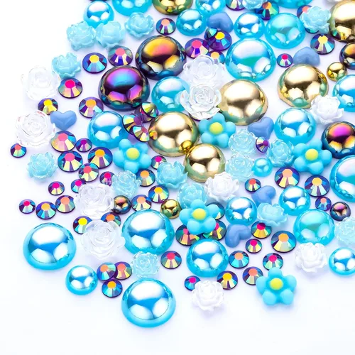 Miniatura 70 de 60g de Perlas Acuamarina Dorada con Diamantes de Imitación para Manualidades Tamaño Mixto 3mm-10mm Color AB Redondas Perlas Medias Planas Conjunto