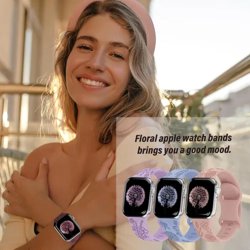 Miniatura 5 de Paquete de 3 correas grabadas con flores compatibles con Apple Watch de 1.496 pulgadas, 1.575 pulgadas, 1.614 pulgadas, 1.654 pulgadas, 1.732