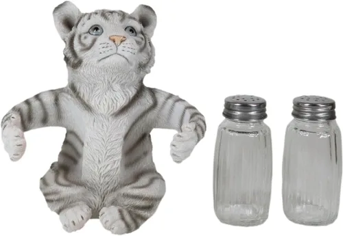 Miniatura 6 de Ebros Gift Selva tropical selva tropical Albino Blanco Bengala Tiger Cub Hugging Salero y Pimentero Estatua Depredador Tigres del Bosque Gatos
