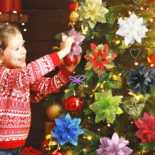 Miniatura 5 de 15 Piezas Flores de Navidad Artificiales Decoraciones de Flor de Pascua con Clips y Tallos, Decoraciones de Flor de Pascua de Navidad con Purpurina