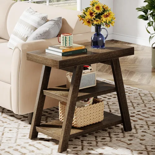 Miniatura 3 de Tribesigns Mesa auxiliar de granja, mesa auxiliar de madera de 3 niveles con patas trapezoidales, mesa auxiliar rústica para sofá, mesita de noche