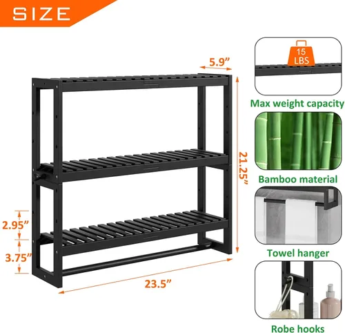Miniatura 3 de RRX Organizador de almacenamiento de estante de baño, estante de baño, organizador de bambú de 3 niveles ajustable con barra, colgante, estante Negro