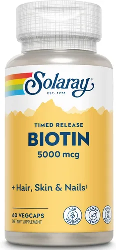 Solaray Biotina de liberación temporal de 5000 mcg – Biotina pura 5000mcg para cabello, piel y uñas, vitamina capilar para mujeres y hombres, 7