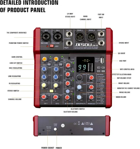 Miniatura 4 de Mezclador de audio de 6 canales, consola de tablero de sonido controladora DJ con 99 efectos DSP, mezclador Bluetooth, alimentación fantasma de 48