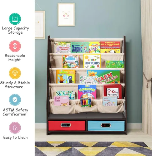 Miniatura 9 de HONEY JOY Estante para libros para niños con 2 contenedores de almacenamiento, estantería de madera para niños pequeños con 4 estantes de eslinga