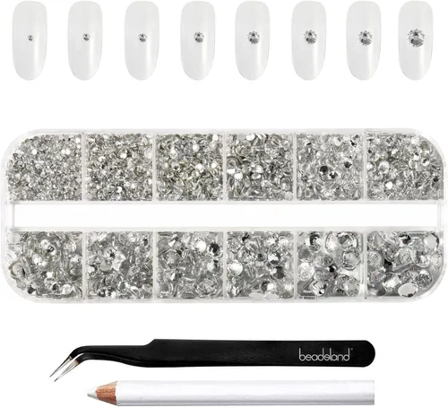 Beadsland Diamantes de imitación para maquillaje, 8 tamaños, 2500 unidades de diamantes de imitación de cristal con parte trasera plana, gemas