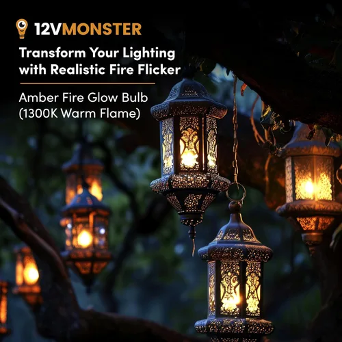 Miniatura 2 de 12Vmonster Bombilla LED con efecto de fuego ámbar brillante con llama parpadeante en E26 Base de tornillo Edison mediana DC 12 voltios Paisajismo
