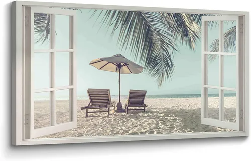 Lienzo de playa para pared, dormitorio: gran sala de estar, vista de ventana, paisaje costero tropical, impresión de imagen, relajante, hogar,