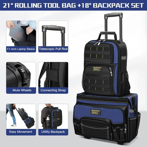 Miniatura 3 de AIRAJ Bolsa de herramientas rodante de 21 pulgadas con ruedas y juego de mochila de herramientas de 18 pulgadas Asa telescópica ajustable Bolsa