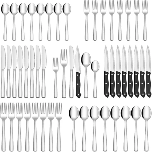 Miniatura 8 de Hiware Juego de cubiertos negros de 48 piezas para cubiertos de acero inoxidable 18/10 con tenedores, cuchillos, cucharas, cuchillos para carne