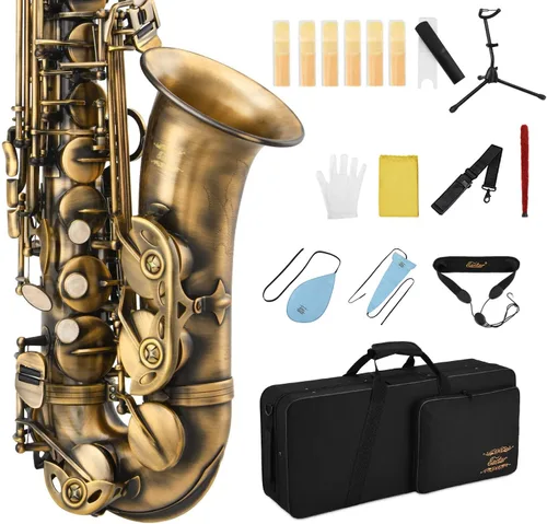 Saxofón Eastar alto de bronce acabado antiguo vintage, saxofón Eb E-flat para estudiantes principiantes con estuche, boquilla, correas, lengüetas,