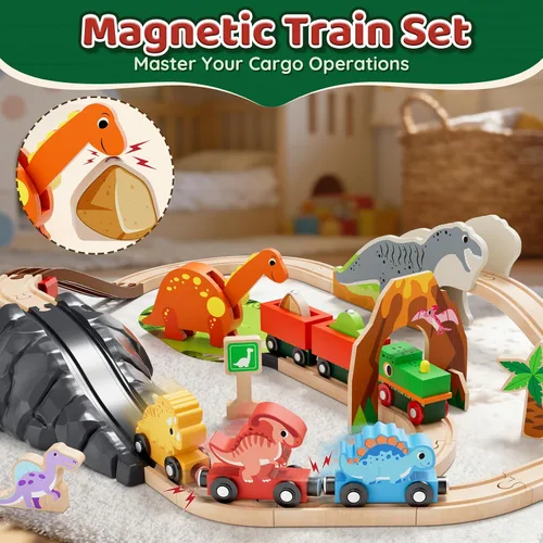 Miniatura 2 de Lehoo Castle Juego de tren de madera - Juego de tren de dinosaurio para niños pequeños de 2 a 4 años, pista de tren de madera, juguetes para niños