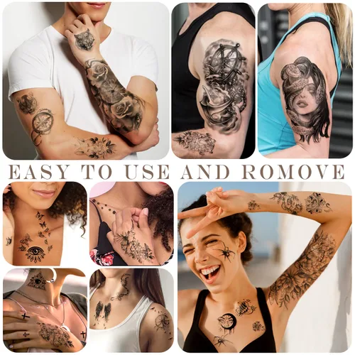 Miniatura 4 de 77 hojas de tatuajes temporales, tatuajes falsos realistas de medio brazo de león, lobo, búho, alce, serpiente, mariposa, rosa para niñas y niños