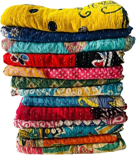 Manta India Vintage Kantha, Acolchada Artesanal, Reversible, de Algodón, 1 Manta, Colores Variados, Cubrecamas, Colcha, Parches Antiguos de Colores